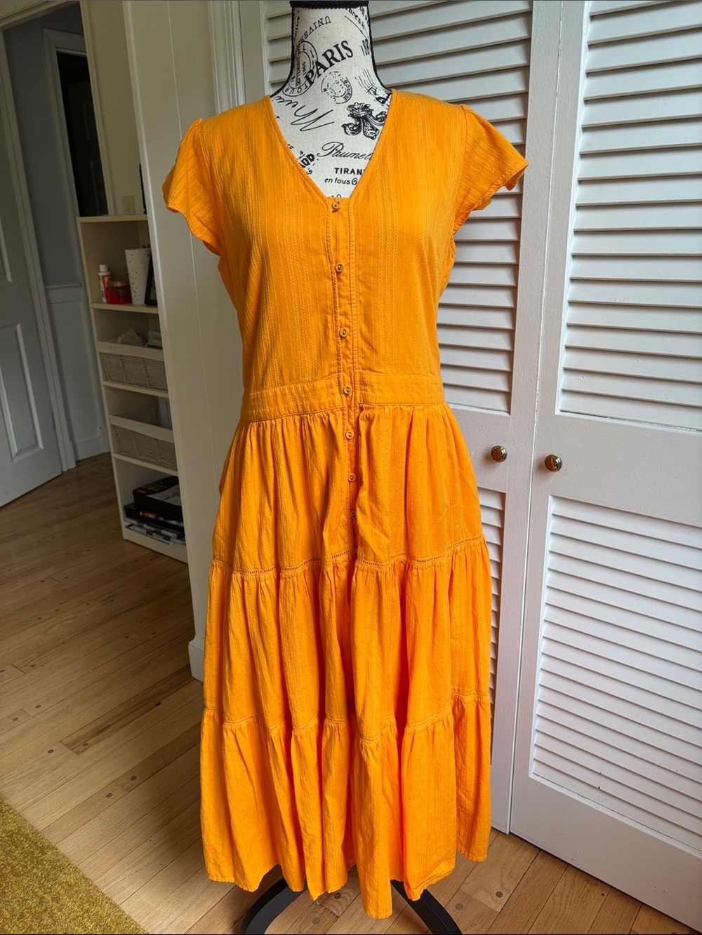 Draper James Lainey Marigold Tiered Midi Dress Button Front Flutter Sleeve 12